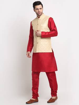 Men Silk Maroon Kurta Churidar With Beige Embroided Nehru Jacket Set 4