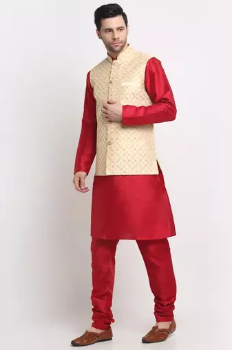 Men Silk Maroon Kurta Churidar With Beige Embroided Nehru Jacket Set