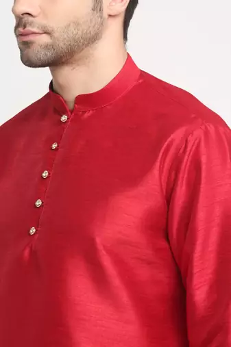 Men Silk Maroon Kurta Churidar With Beige Embroided Nehru Jacket Set