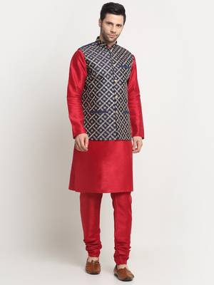Men Silk Maroon Kurta Churidar With Navy Blue Embroided Nehru Jacket Set 1