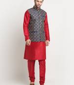 Men Silk Maroon Kurta Churidar With Navy Blue Embroided Nehru Jacket Set