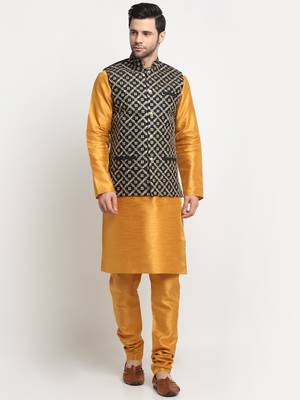 Men Silk Mustard Kurta Churidar With Black Embroided Nehru Jacket Set 1