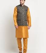 Men Silk Mustard Kurta Churidar With Black Embroided Nehru Jacket Set