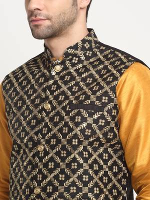 Men Silk Mustard Kurta Churidar With Black Embroided Nehru Jacket Set 2