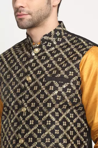 Men Silk Mustard Kurta Churidar With Black Embroided Nehru Jacket Set
