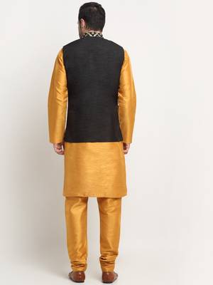 Men Silk Mustard Kurta Churidar With Black Embroided Nehru Jacket Set 3