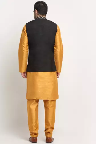 Men Silk Mustard Kurta Churidar With Black Embroided Nehru Jacket Set