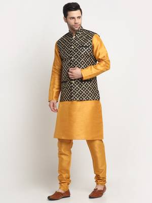 Men Silk Mustard Kurta Churidar With Black Embroided Nehru Jacket Set 4