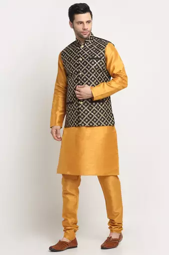 Men Silk Mustard Kurta Churidar With Black Embroided Nehru Jacket Set