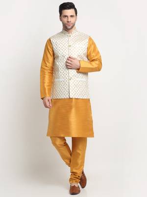 Men Silk Mustard Kurta Churidar With Cream Embroided Nehru Jacket Set 1