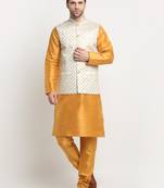 Men Silk Mustard Kurta Churidar With Cream Embroided Nehru Jacket Set