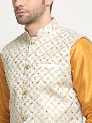 Men Silk Mustard Kurta Churidar With Cream Embroided Nehru Jacket Set 2