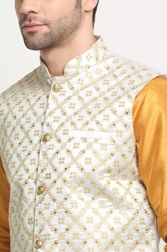 Men Silk Mustard Kurta Churidar With Cream Embroided Nehru Jacket Set