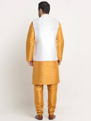 Men Silk Mustard Kurta Churidar With Cream Embroided Nehru Jacket Set 3