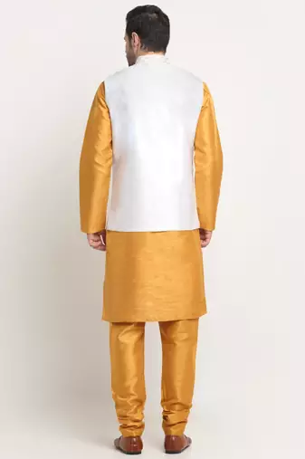 Men Silk Mustard Kurta Churidar With Cream Embroided Nehru Jacket Set