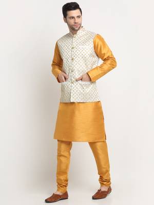 Men Silk Mustard Kurta Churidar With Cream Embroided Nehru Jacket Set 4