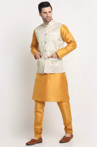 Men Silk Mustard Kurta Churidar With Cream Embroided Nehru Jacket Set