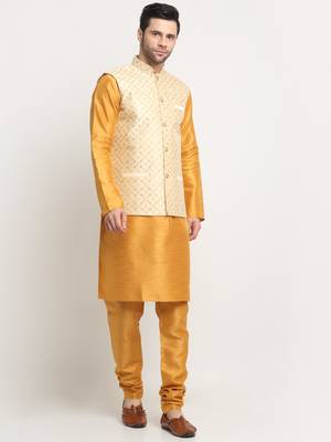 Men Silk Mustard Kurta Churidar With Beige Embroided Nehru Jacket Set 1