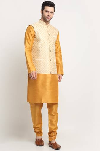 Men Silk Mustard Kurta Churidar With Beige Embroided Nehru Jacket Set