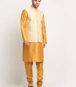 Men Silk Mustard Kurta Churidar With Beige Embroided Nehru Jacket Set