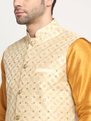 Men Silk Mustard Kurta Churidar With Beige Embroided Nehru Jacket Set 2