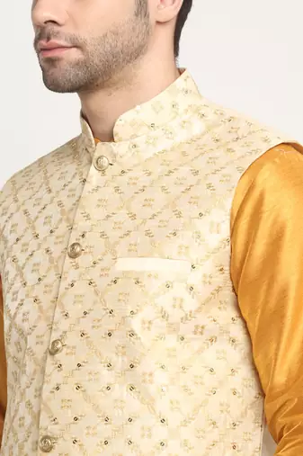 Men Silk Mustard Kurta Churidar With Beige Embroided Nehru Jacket Set