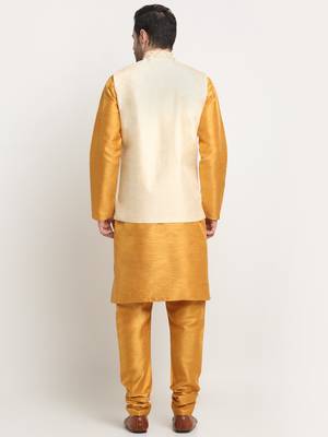 Men Silk Mustard Kurta Churidar With Beige Embroided Nehru Jacket Set 3