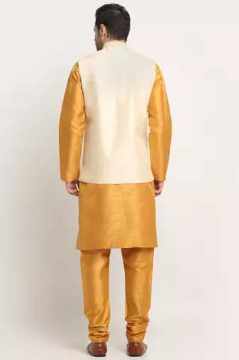Men Silk Mustard Kurta Churidar With Beige Embroided Nehru Jacket Set