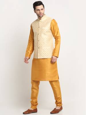 Men Silk Mustard Kurta Churidar With Beige Embroided Nehru Jacket Set 4
