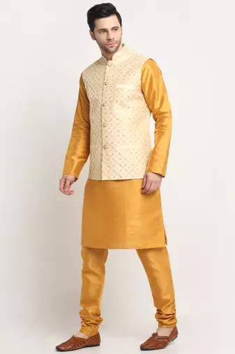 Men Silk Mustard Kurta Churidar With Beige Embroided Nehru Jacket Set