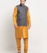 Men Silk Mustard Kurta Churidar With Navy Blue Embroided Nehru Jacket Set