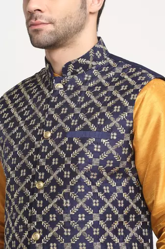Men Silk Mustard Kurta Churidar With Navy Blue Embroided Nehru Jacket Set