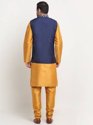 Men Silk Mustard Kurta Churidar With Navy Blue Embroided Nehru Jacket Set 3