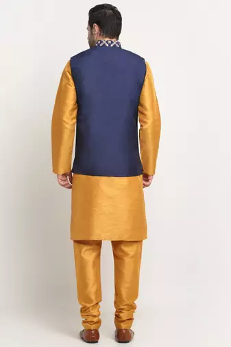 Men Silk Mustard Kurta Churidar With Navy Blue Embroided Nehru Jacket Set