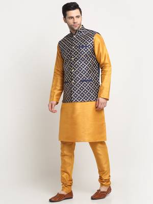 Men Silk Mustard Kurta Churidar With Navy Blue Embroided Nehru Jacket Set 4