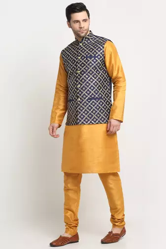 Men Silk Mustard Kurta Churidar With Navy Blue Embroided Nehru Jacket Set