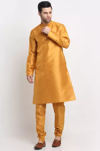 Men Silk Mustard Kurta Churidar With Navy Blue Embroided Nehru Jacket Set