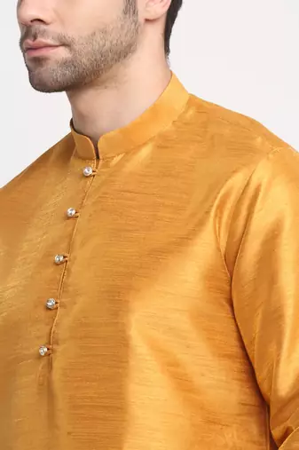Men Silk Mustard Kurta Churidar With Navy Blue Embroided Nehru Jacket Set