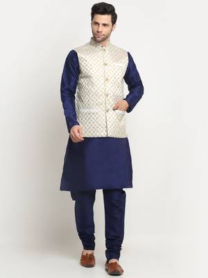 Men Silk Navy Blue Kurta Churidar With Cream Embroided Nehru Jacket Set 1