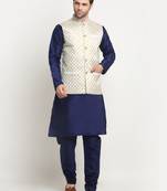 Men Silk Navy Blue Kurta Churidar With Cream Embroided Nehru Jacket Set