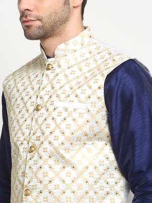 Men Silk Navy Blue Kurta Churidar With Cream Embroided Nehru Jacket Set 2