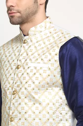 Men Silk Navy Blue Kurta Churidar With Cream Embroided Nehru Jacket Set