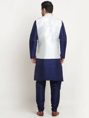Men Silk Navy Blue Kurta Churidar With Cream Embroided Nehru Jacket Set 3