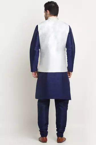 Men Silk Navy Blue Kurta Churidar With Cream Embroided Nehru Jacket Set
