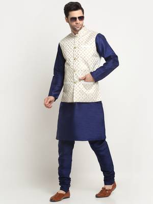 Men Silk Navy Blue Kurta Churidar With Cream Embroided Nehru Jacket Set 4