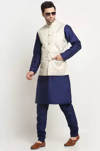 Men Silk Navy Blue Kurta Churidar With Cream Embroided Nehru Jacket Set