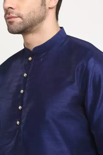 Men Silk Navy Blue Kurta Churidar With Cream Embroided Nehru Jacket Set