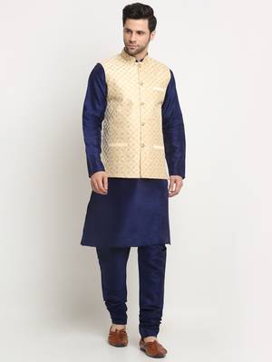 men silk navy blue kurta churidar with beige embroidered nehru jacket set 1