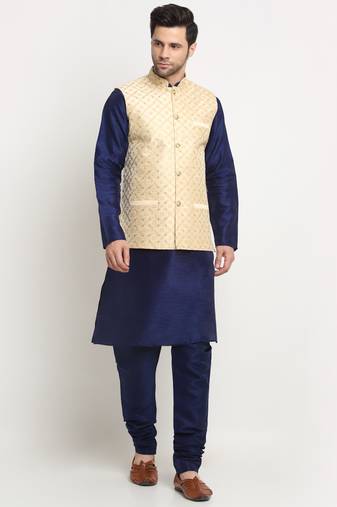 KRAFT INDIA Men Silk Navy Blue Kurta Churidar With Beige Embroided Nehru Jacket Set