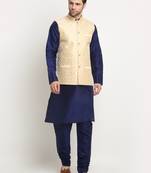 men silk navy blue kurta churidar with beige embroidered nehru jacket set